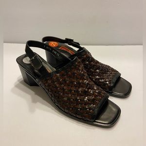 COLE Haan Brown Leather Peep Toe Wedge Open Toe woven Sandals Women’s Size 8.5 A